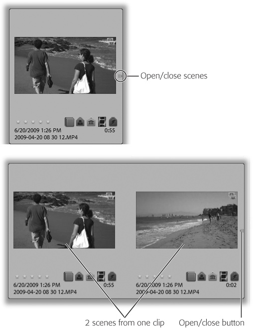 Top: Clips that Auto-Analyzer has divided into individual scenes have a light-gray border and an Open Group button on the right.Bottom: When you click the button, the clip expands, displaying the individual scenes within the clip and extending the light-gray border to all the related scenes.