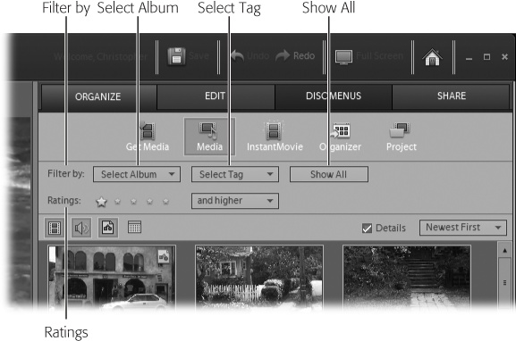Shown here in Premiere, a 1 star and higher filter is applied to hide all the clips that didn’t get any stars. Use the Filter by menus to choose keywords and albums. To remove all the filters, click Show All.