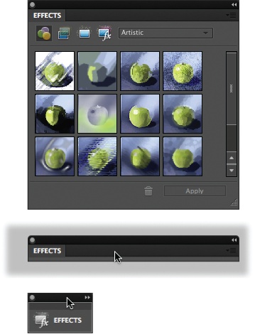 You can free up space by collapsing your panels, accordion-style, once they’re out of the bin.Top: A full-sized Effects panel.Middle: The same panel collapsed by double-clicking where the cursor is.Bottom: The Effects panel collapsed to an icon by clicking the very top of it (where the cursor is here) once. Click the top bar again to expand it.