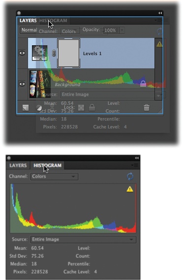 You can combine two or more panels once you’ve dragged them out of the Panel bin.Top: Here, the Histogram panel is being pulled into, and combined with, the Layers panel. To combine panels, drag one of them (by clicking on the panel’s name tab) and drop it onto the other panel.Bottom: To switch from one panel to another after they’re grouped, just click the tab of the one you want to use. To remove a panel from a group, simply drag it out of the group. If you want to return everything to how it looked when you first launched Elements, click Reset Panels (not visible here) at the top of your screen.