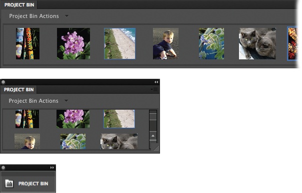 The Project bin runs across the bottom of the Elements window, and holds a thumbnail of every photo you have open. Here you see the bin three ways: as it normally appears (top), as a floating panel (middle), and collapsed to an icon (bottom). You can also click the Close button (the dot) at the bin’s upper left when the bin is floating, or right-click (Control-click) its tab and choose Close to hide it completely. To bring it back, go to Window → Project bin.