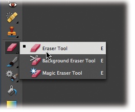 Like any good toolbox, Elements’ Tools panel has lots of hidden drawers in it. Many Elements tools are actually groups of tools, which are represented by tiny black triangles on the lower-right side of the tool’s icon (you can see several of these triangles here). Right-clicking (Control-clicking) or holding the mouse button down when you click the icon brings out the hidden subtools. The little black square next to the Eraser tool means it’s the active tool right now.