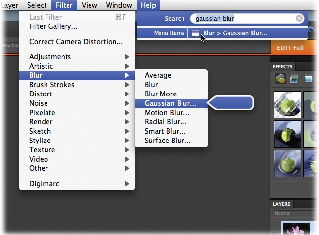 You can easily find Elements menu items by typing the name of what you’re looking for into this search box. For instance, if you don’t know where the Gaussian Blur filter () is located, type in the word “Gaussian”, and then click the file path that appears below the search box. Leopard expands your menus and displays a big, floating arrow to show you where to find it. (You need to have an image open to search all the menu items.)