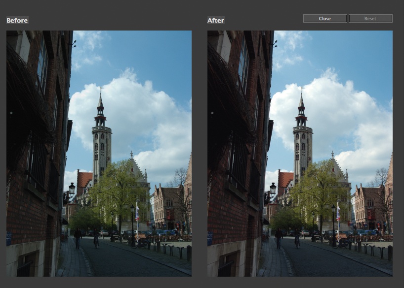 The Quick Fix window’s before-and-after views make it easy to see how you’re changing your photo. Here you see the “Before and After – Horizontal” view, which displays the before and after photos side by side. To see them one above the other, choose “Before and After – Vertical”. If you want a more detailed view, use the Zoom tool (the magnifying glass icon, not shown) to focus on just a portion of your picture.