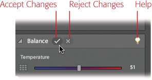 When you move a slider in any of the Quick Fix panels, the Accept and Reject buttons appear in the panel you’re using. Clicking the X undoes the last change you made, while clicking the checkmark applies the change to your image. If you make multiple slider adjustments, the Reject button undoes everything you’ve done since you last clicked the Accept button. (The lightbulb takes you to the Elements Help Center.)