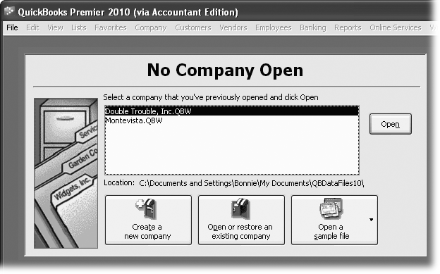 The most common choice in the No Company Open window is “Open or restore an existing company”. The “Open or Restore Company” dialog box that appears lets you open any company file, restore a backup copy (), or restore a portable file () to its full QuickBooks company file glory.