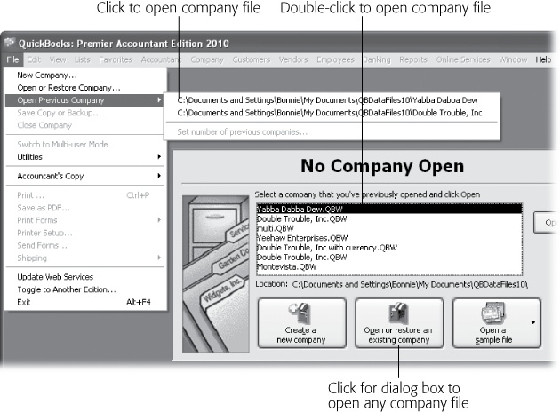 If the No Company Open window is visible, you can open recent files by double-clicking one of the filenames in the list of recently opened files. (Opening a sample file is the only task that the No Company Open window performs that you can’t do from the File menu.)