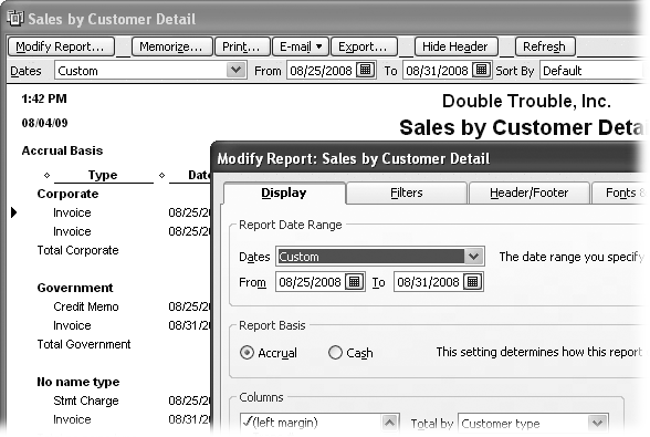 The “Sales by Customer Detail” report initially totals income by customer. To subtotal income by customer type (corporate and government customers as shown here), click Modify Report. On the Display tab, choose “Customer type” in the “Total by” drop-down list, and then click OK.