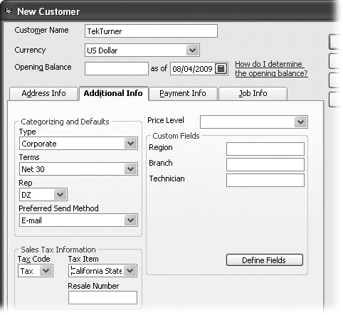 Most of the fields on the Additional Info tab use QuickBooks’ lists. To jump directly to the entry you want in long lists, in any text box with a drop-down list, type the first few characters of that entry. QuickBooks selects the first entry that matches the characters you’ve typed and continues to reselect the best match as you continue typing. You can also scroll to the entry in the list and click to select it. If the entry you want doesn’t exist, click <Add New> to create it.