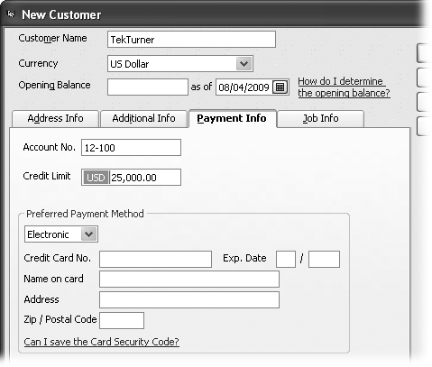 On the Payment Info tab, only one field has a drop-down menu of commonly used values. You have to type the values you want in all the fields except the Preferred Payment Method field, whose drop-down menu displays the Payment Method List ().