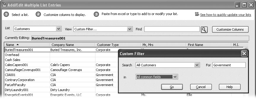 In the Custom Filter dialog box, you can type a word, value, or phrase to look for and specify the fields to search. For example, type Government and search common fields to find customers with the Government customer type.