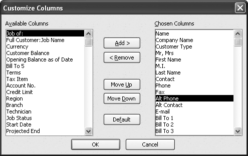 In addition to adding and removing columns, you can change the position of a column by selecting the field in the Chosen Columns list and clicking Move Up or Move Down. If you completely mangle the columns, click Default to restore the preset columns.