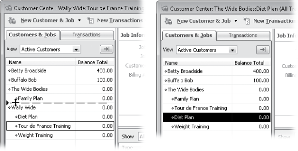 Left: The mouse pointer changes to a two-headed arrow that you can drag within the Customers & Jobs tab. A horizontal line between the two arrowheads shows you where the job will go when you release the mouse button.Right: After you reassign all the jobs to the customer you intend to keep, you can merge the now-jobless customer into the other. When the merge is complete, you see only the customer you kept.