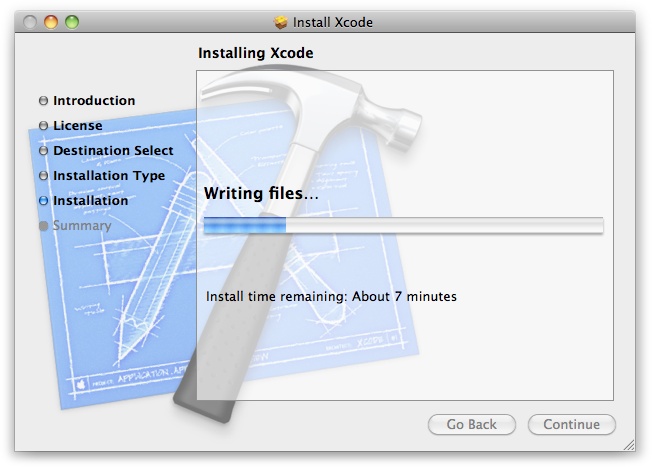 An Xcode install in progress
