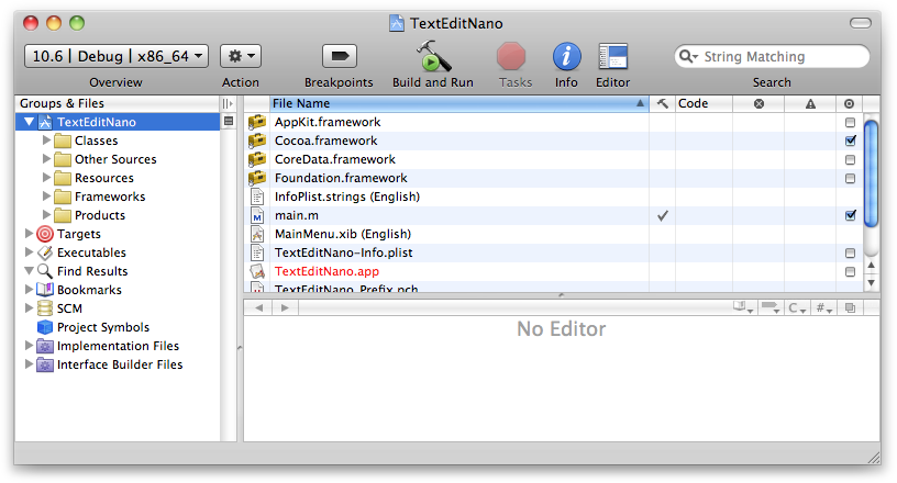 The Xcode main window showing the TextEditNano project