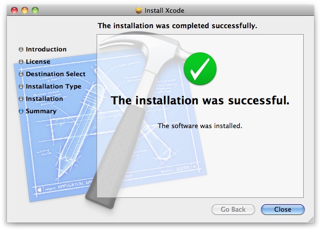 The installer window confirming that Xcode was installed