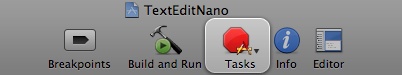 The Tasks button in the Xcode toolbar