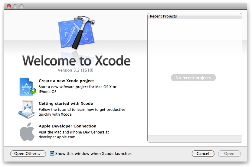 The Xcode Welcome window after the first launch