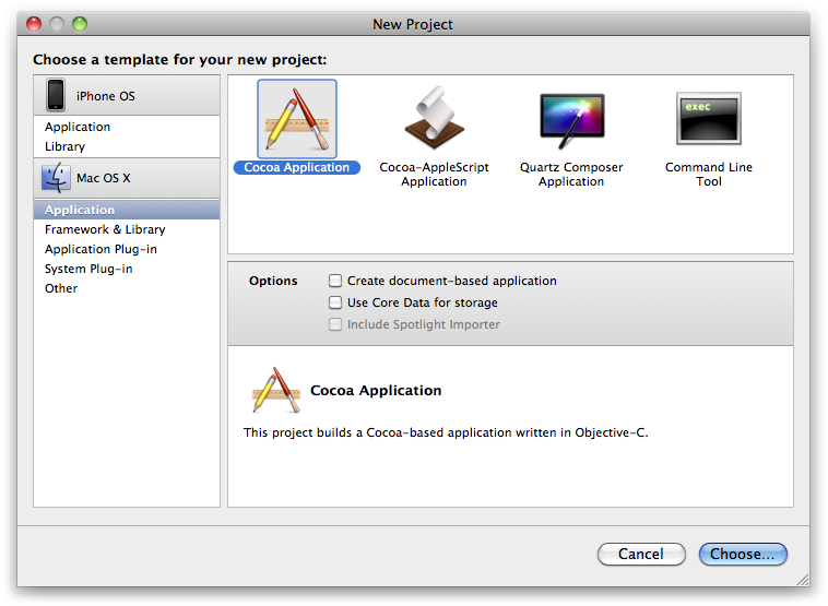 The New Project window in Xcode