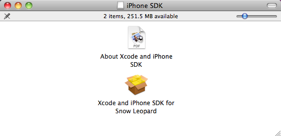 After a successful download, this disk image appears on your desktop. Its name, which will vary with each new release, will begin with "iphone_sdk" followed by the version number and the ".dmg"extension. Launch the installer by double-clicking the box icon. The PDF file contains information about the release that you can read while the installation takes place.
