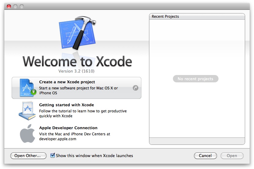 The Xcode launch window. As you create new projects with Xcode, you see them listed on the right. Click the "Create a new Xcode project" button to start your first iPhone application. The "Getting started with Xcode" button opens the documentation viewer and displays a helpful overview of Xcode. The last button is a convenient link to the Dev Centers for the Mac and iPhone.