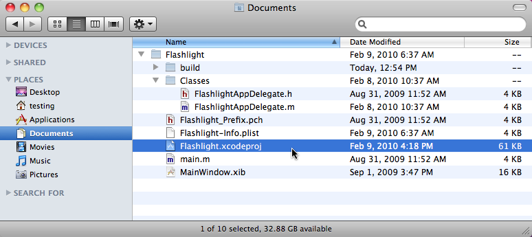 When you create a project with Xcode, it creates a folder of files used to build your application. The most important one is the .xcodeproj fileâyou can double-click this file to open the project in Xcode. Also, since you're creating a window-based app, Xcode starts you out with a file called MainWindow.xib. You'll learn more about the other files and folders in upcoming chapters.