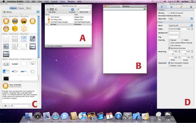 Interface Builder and its many windows take up much of your display. In the middle are the .xib document (A) and the window displayed in the iPhone app (B). To the left is the library of user interface elements where buttons, windows, and other user interface components can be accessed (C). A property inspector for the objects in the interface is displayed on the right (D).