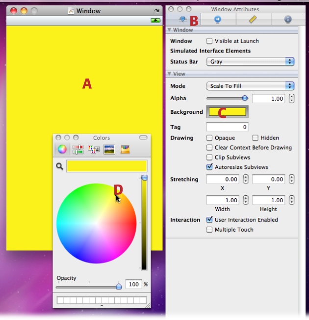 Changing your application window's background color involves clicking a color wheel. After selecting the Window in the MainWindow.xib document (A), you view the attributes (B), which include a background color. Clicking in the well (C) brings up a color wheel (D) where you can select a new color with your mouse. As you select new colors, you get immediate feedback.