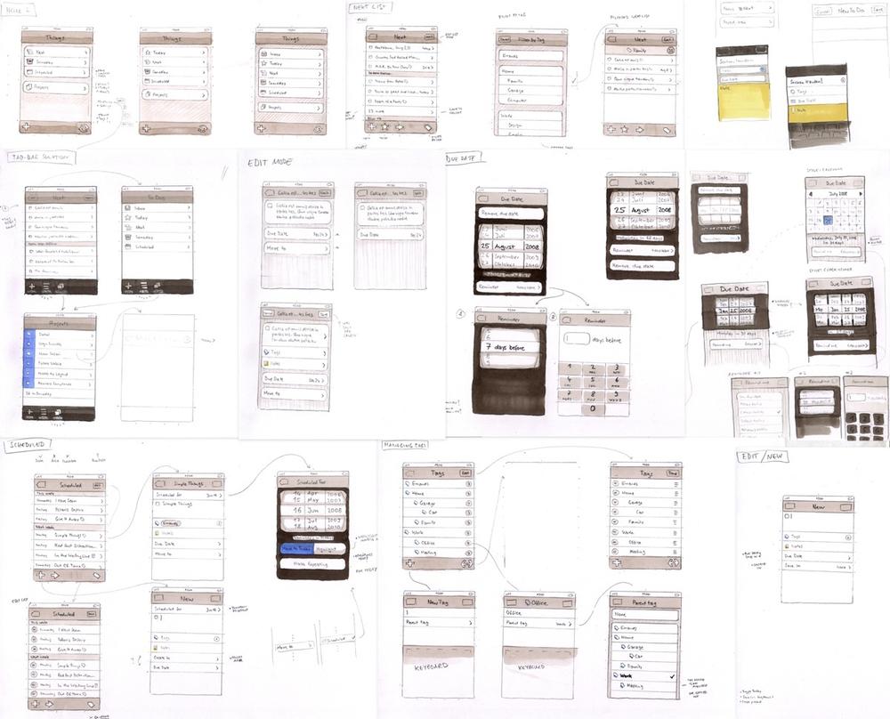 This is a great example of paper prototyping done by Christian KrÃ¤mer at Cultured Code. This illustration shows many of the screens they designed for their award-winning Things application. Some of these initial screens changed over the life of the project, but the basic flow of the application, represented by arrows, did not.