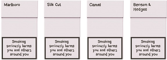 Illustration shows four cigarette labels (Marlboro, Silk Cut, Camel and Benson & Hedges) with warnings ‘smoking seriously harms you and others around you’. 