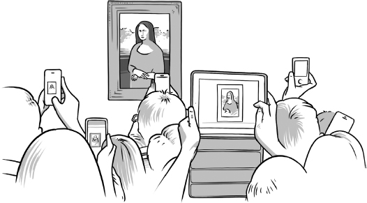 Illustration shows group of people clicking pictures of the Mona Lisa in Louvre, Paris by using their smartphones and tablets. 