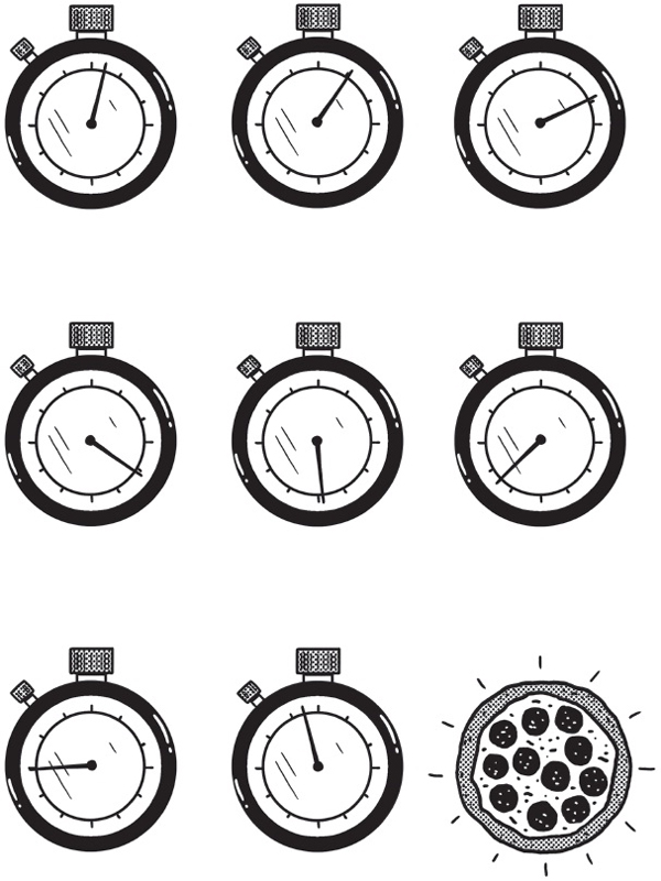 An illustration shows series of eight clocks showing time passage from two minutes to fifty five minutes for getting a pizza baked.  