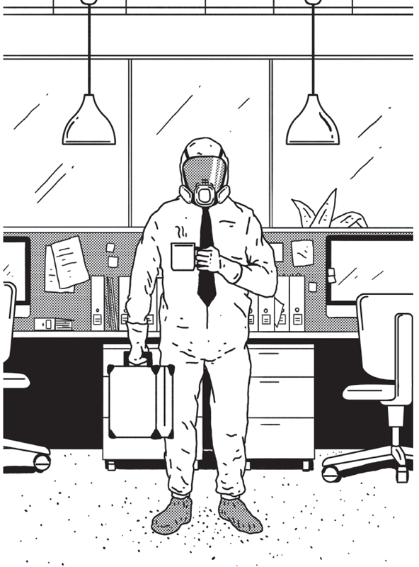 An illustration shows a man standing in an office while wearing a mask. He is holding suitcase in one hand and cup in other hand. 