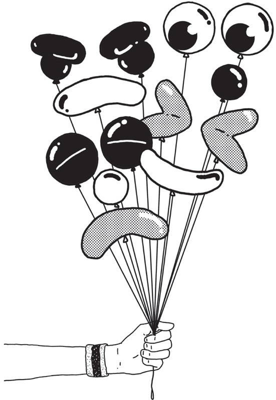 An illustration shows close up of a hand holding a bunch of balloons in the shape of different facial expressions.