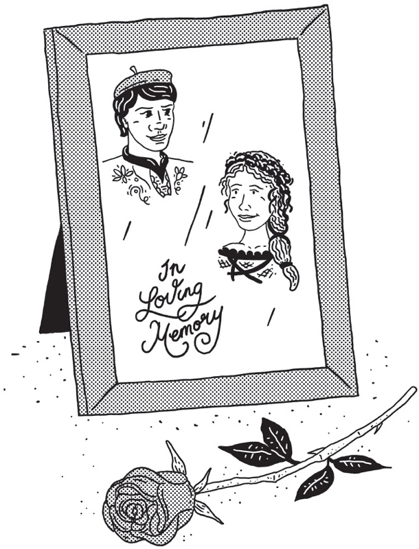 An illustration shows a rose kept beside a photo frame with photo of a man and a woman and text written below ‘in loving memory’. 