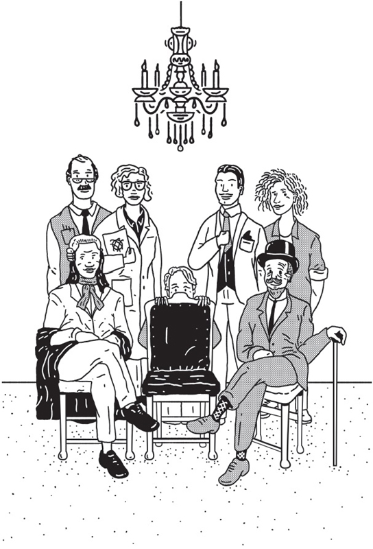 An illustration shows a group of people posing for photograph. Four of them are standing, two of them are sitting on chair and one of them is sitting behind the chair. 