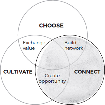 A Venn diagram shows choose, connect, and cultivate intersecting each other. The points of intersections are as follows: 
• Choose and connect: Build network
• Connect and cultivate: Create opportunity
• Cultivate and choose: Exchange value