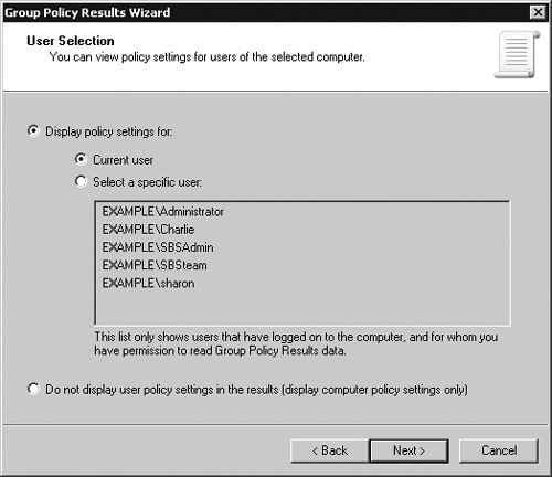 The User Selection page in the Group Policy Results Wizard