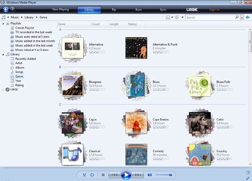 Windows Media Player 11 displays music by artist or genre (shown here) in stacks that show the number of tracks and total playing time.