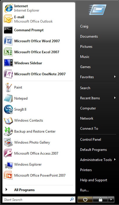 The default Start menu provides a place to "pin" your most frequently needed programs, displays recently used programs below that, and offers access to crucial system folders on the right.