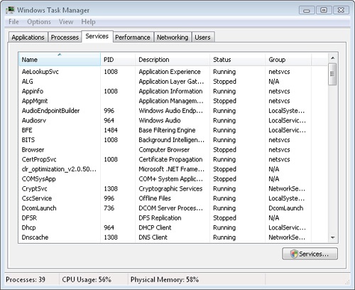 To view more of the information displayed on the Services tab, enlarge the Task Manager window and adjust the column widths, as shown here.