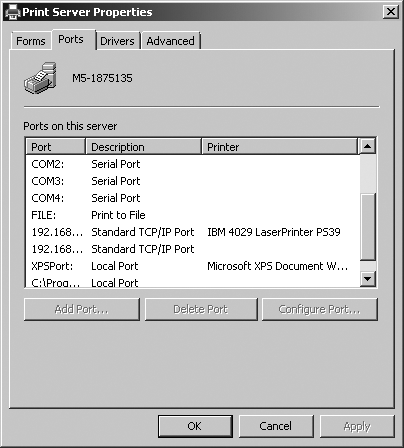 An example of configured printer ports.