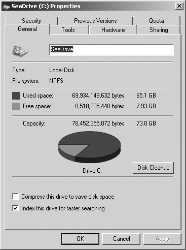 The Drive Properties dialog box shows a good overview of disk space utilization.