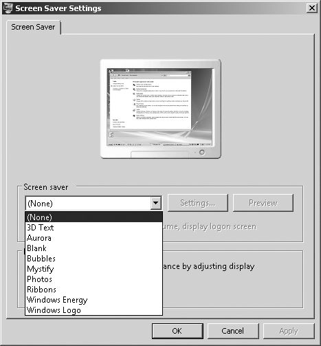 The Screen Saver Settings dialog box in Control Panel.