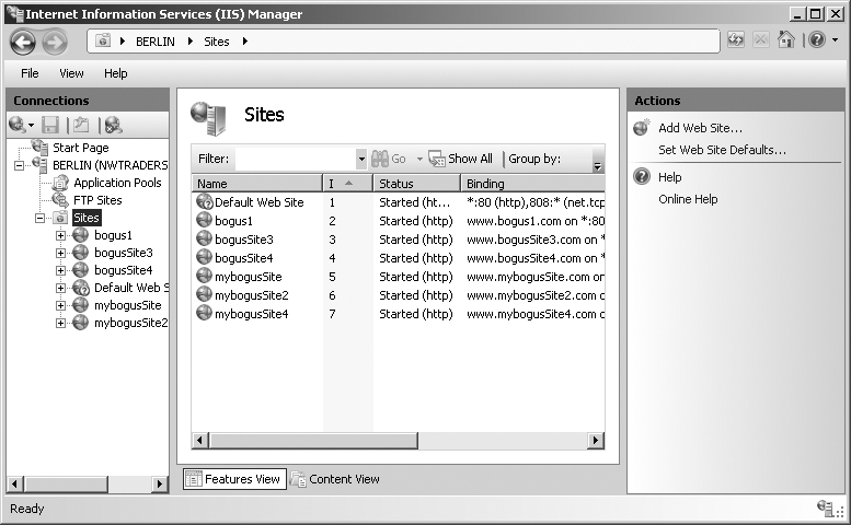 Web sites displayed in the Internet Information Services (IIS) Manager console.