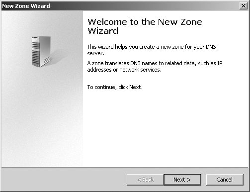 New DNS zones are easily created by walking through a seven-page wizard.