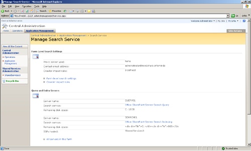 Upper portion of the Manage Search Service page
