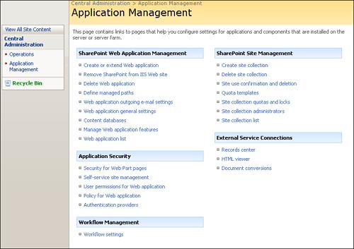 Access links to help manage settings for applications and components on your WSS 3.0 server.