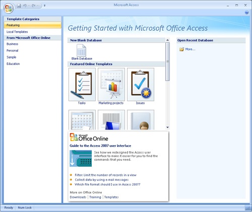Access 2007 displays the Getting Started window every time you start the program.