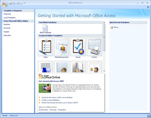When you first start Access 2007, you see the Getting Started screen.